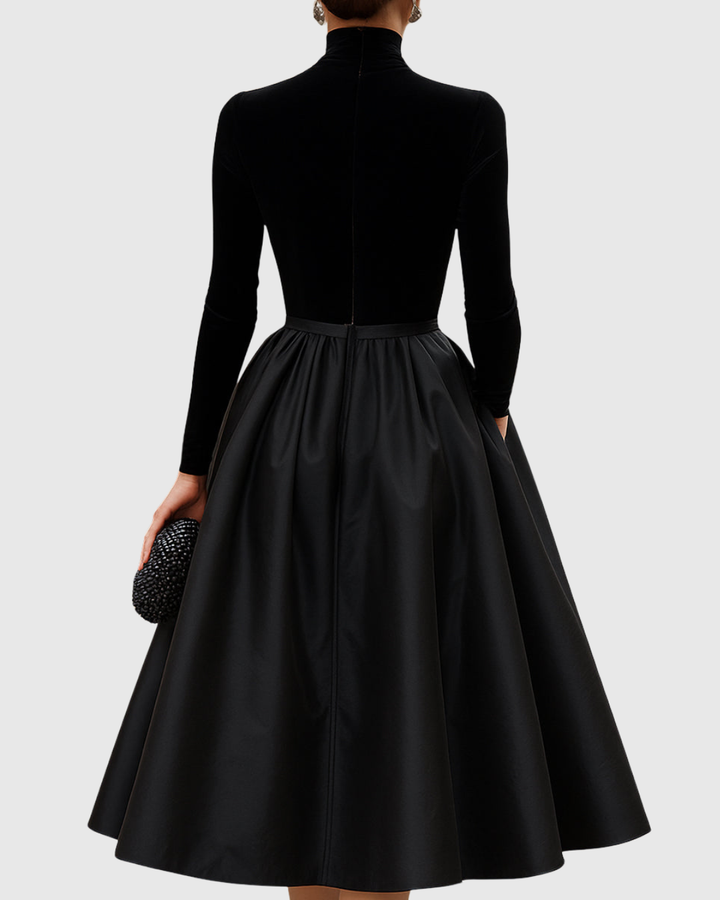 Aradia - Elegant Black Velvet and Satin Midi Dress