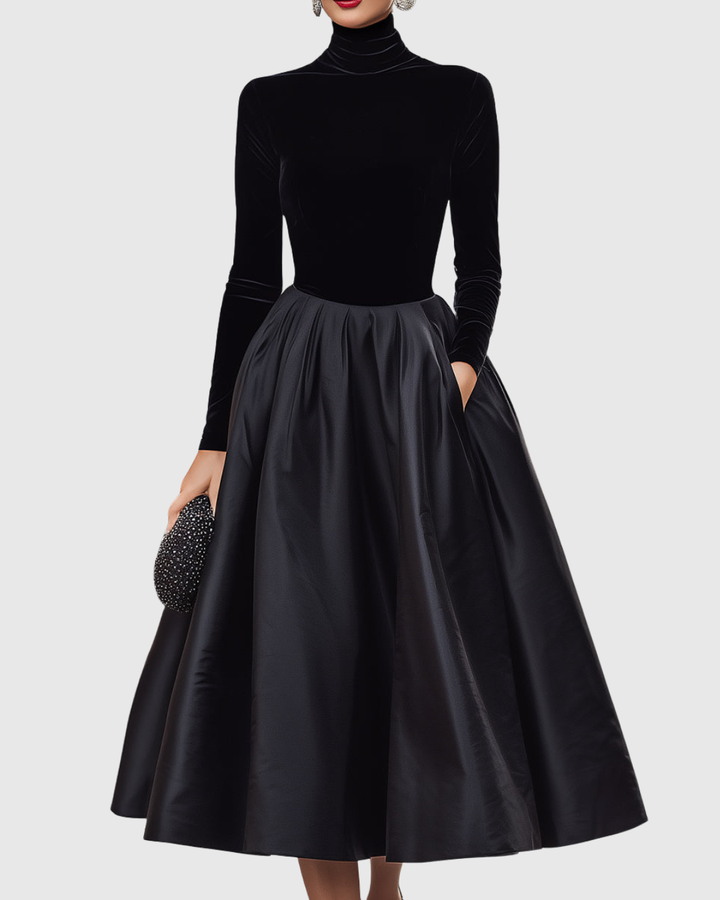 Aradia - Elegant Black Velvet and Satin Midi Dress