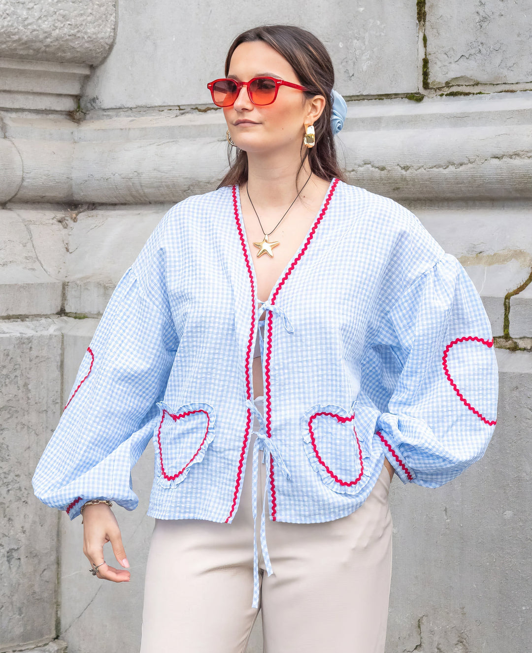 Cressida | Women’s Gingham Heart Print Tie Front Blouse