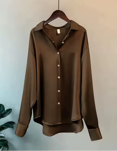 Nives | Women’s Satin Long Sleeve Collared Blouse