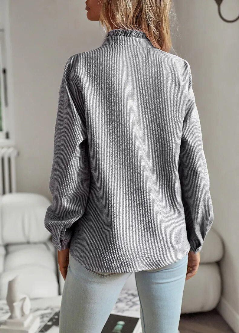 Elettra| Women’s Striped Ruffle Long Sleeve Blouse