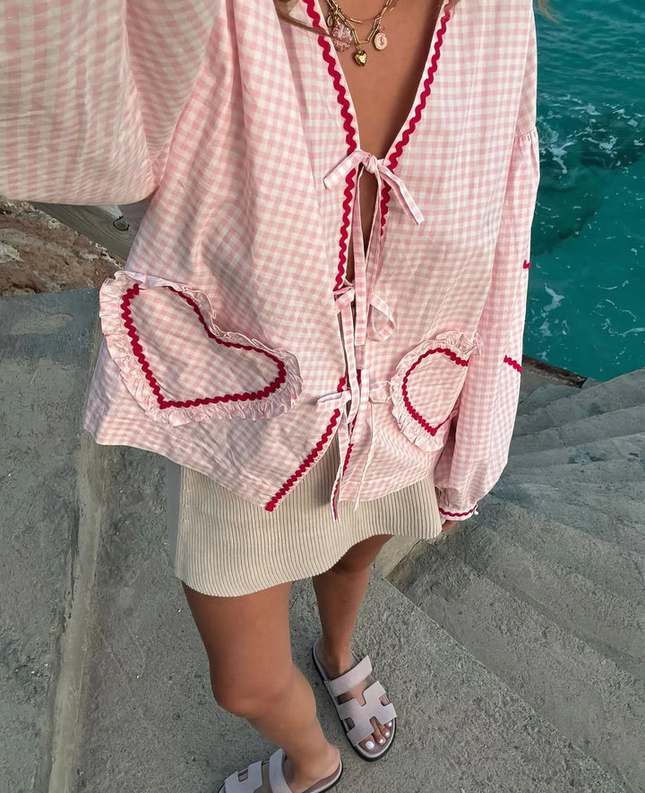 Cressida | Women’s Gingham Heart Print Tie Front Blouse