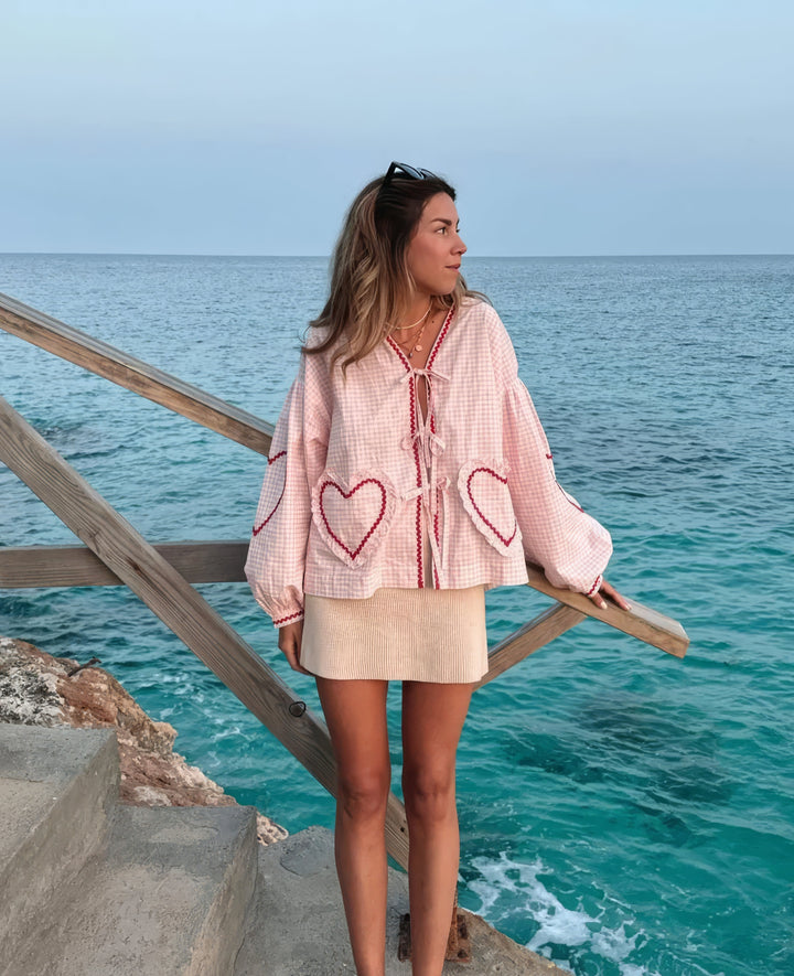 Cressida | Women’s Gingham Heart Print Tie Front Blouse