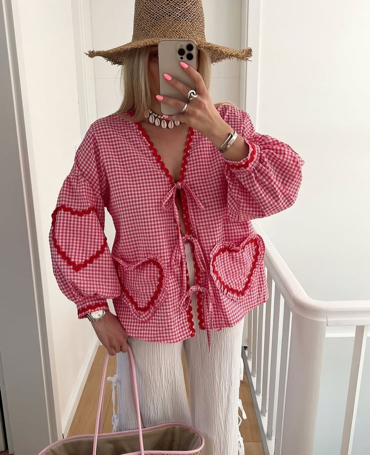 Cressida | Women’s Gingham Heart Print Tie Front Blouse