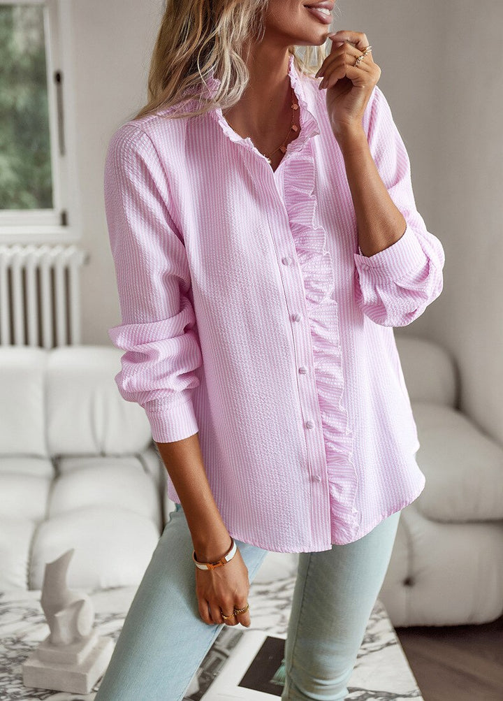 Elettra| Women’s Striped Ruffle Long Sleeve Blouse