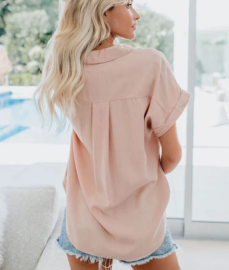 Ava | Women's Short Sleeve Button  Collared Pocket Blouse