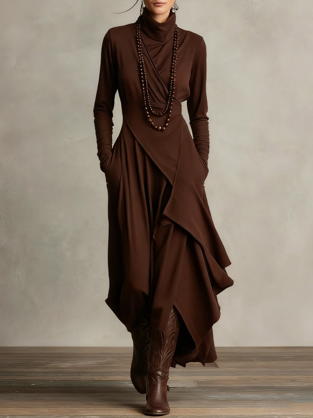 Irene | High-neck Asymmetrical Pleated Dress