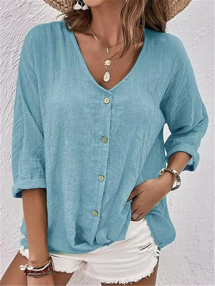 Willow | Cotton V-Neck Button-Front Top Crinkle Texture 3/4 Sleeve