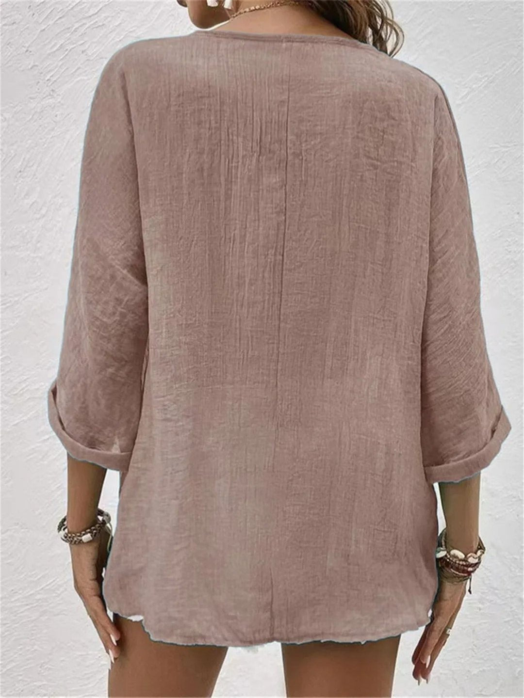Willow | Cotton V-Neck Button-Front Top Crinkle Texture 3/4 Sleeve
