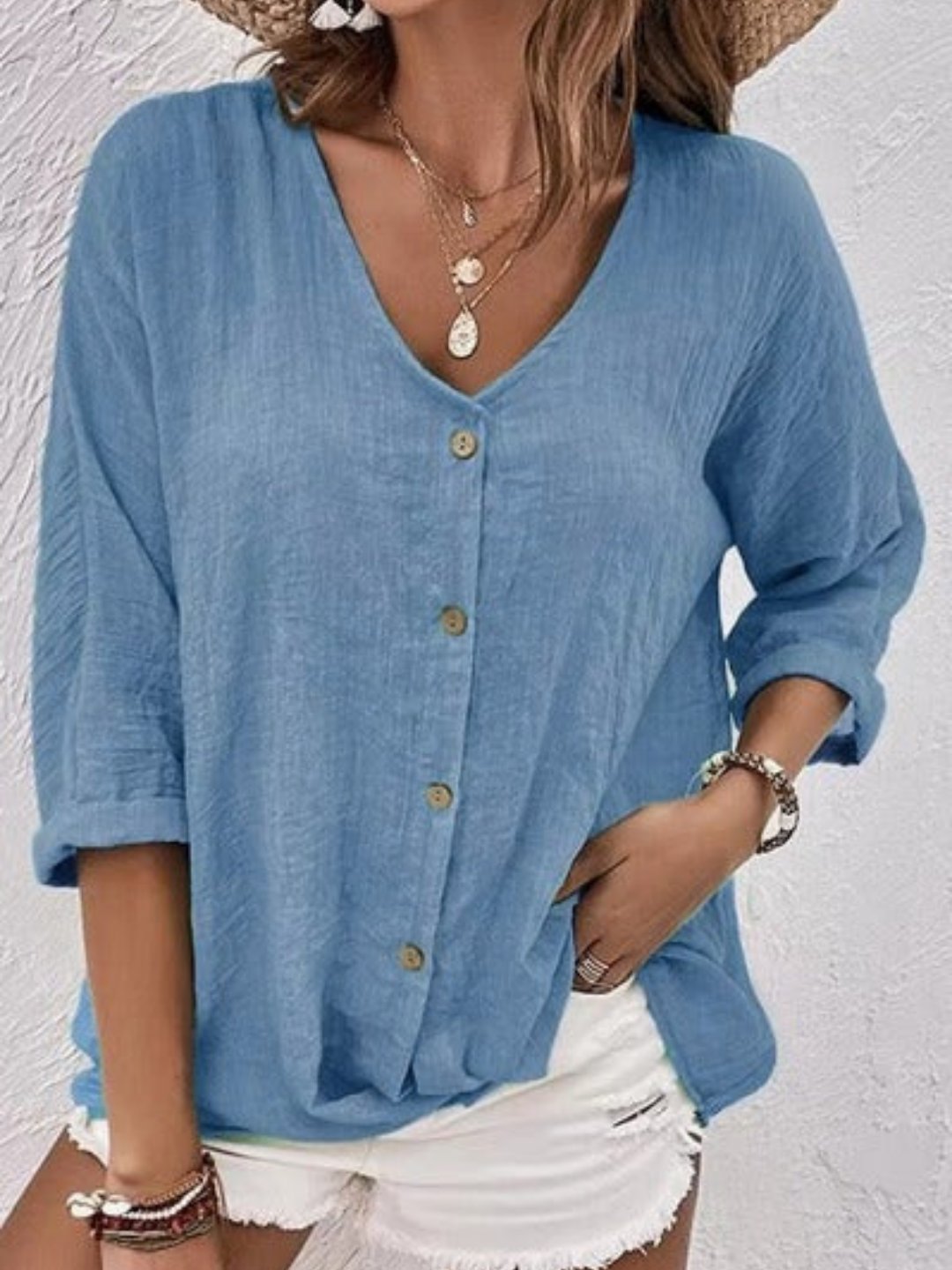 Willow | Cotton V-Neck Button-Front Top Crinkle Texture 3/4 Sleeve
