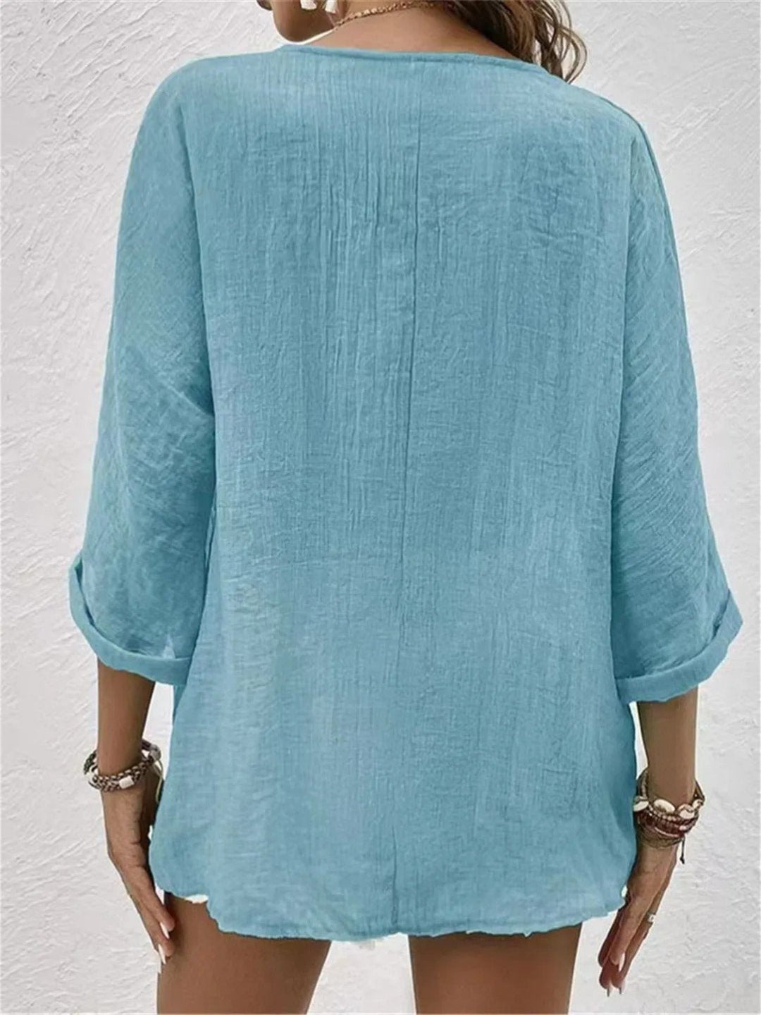 Willow | Cotton V-Neck Button-Front Top Crinkle Texture 3/4 Sleeve