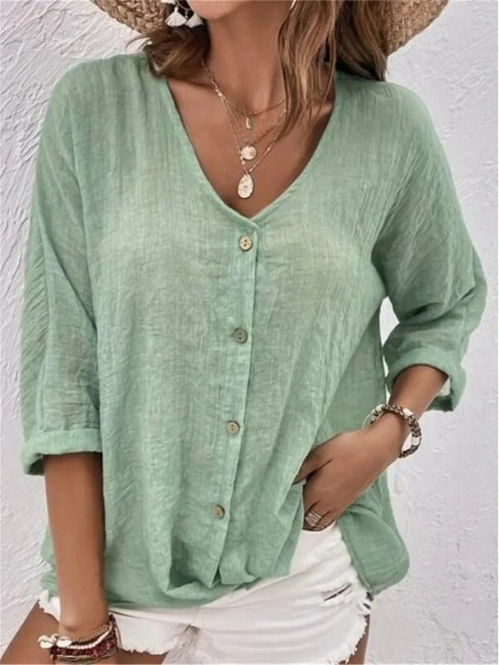 Willow | Cotton V-Neck Button-Front Top Crinkle Texture 3/4 Sleeve