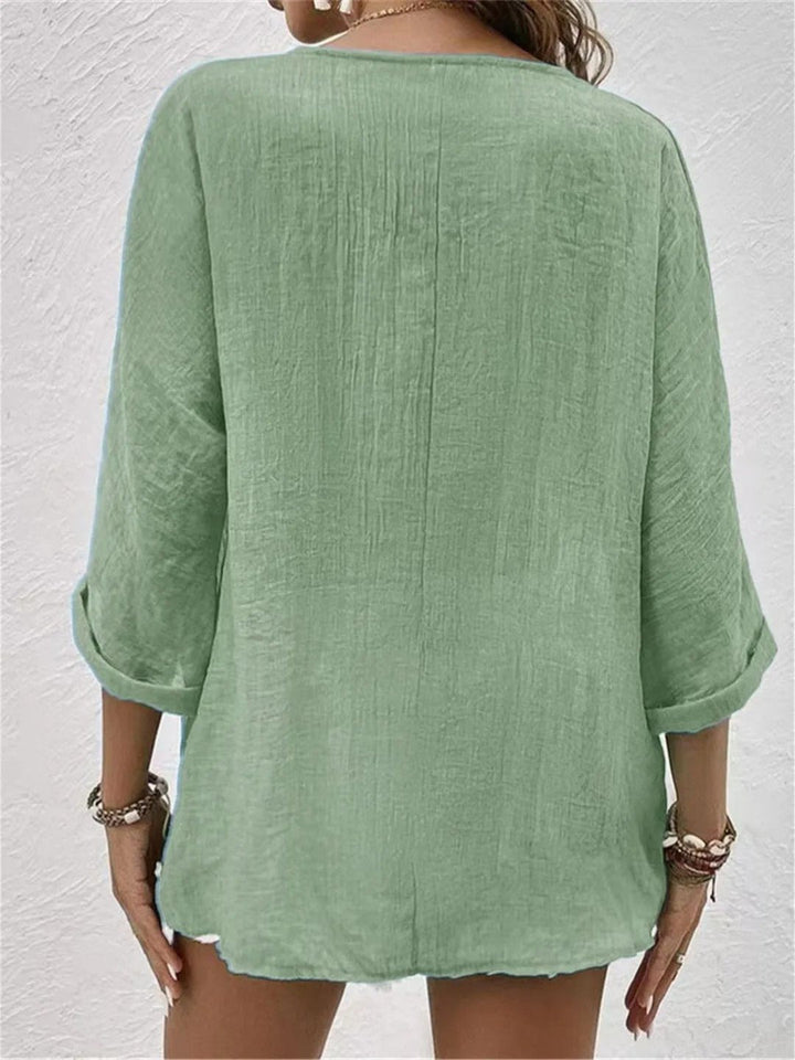 Willow | Cotton V-Neck Button-Front Top Crinkle Texture 3/4 Sleeve