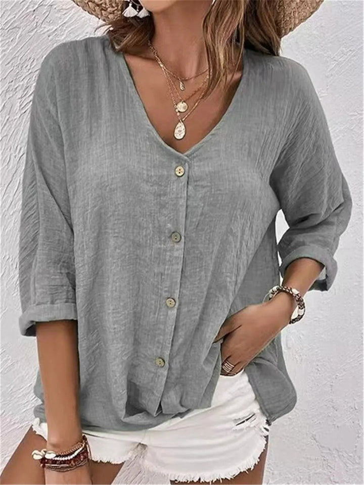 Willow | Cotton V-Neck Button-Front Top Crinkle Texture 3/4 Sleeve