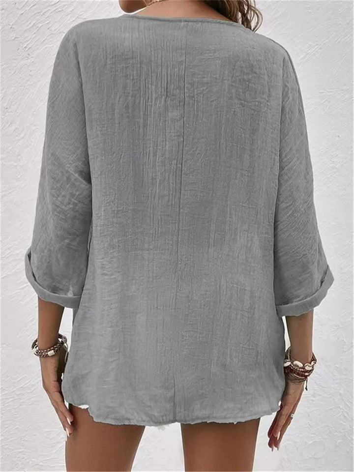 Willow | Cotton V-Neck Button-Front Top Crinkle Texture 3/4 Sleeve