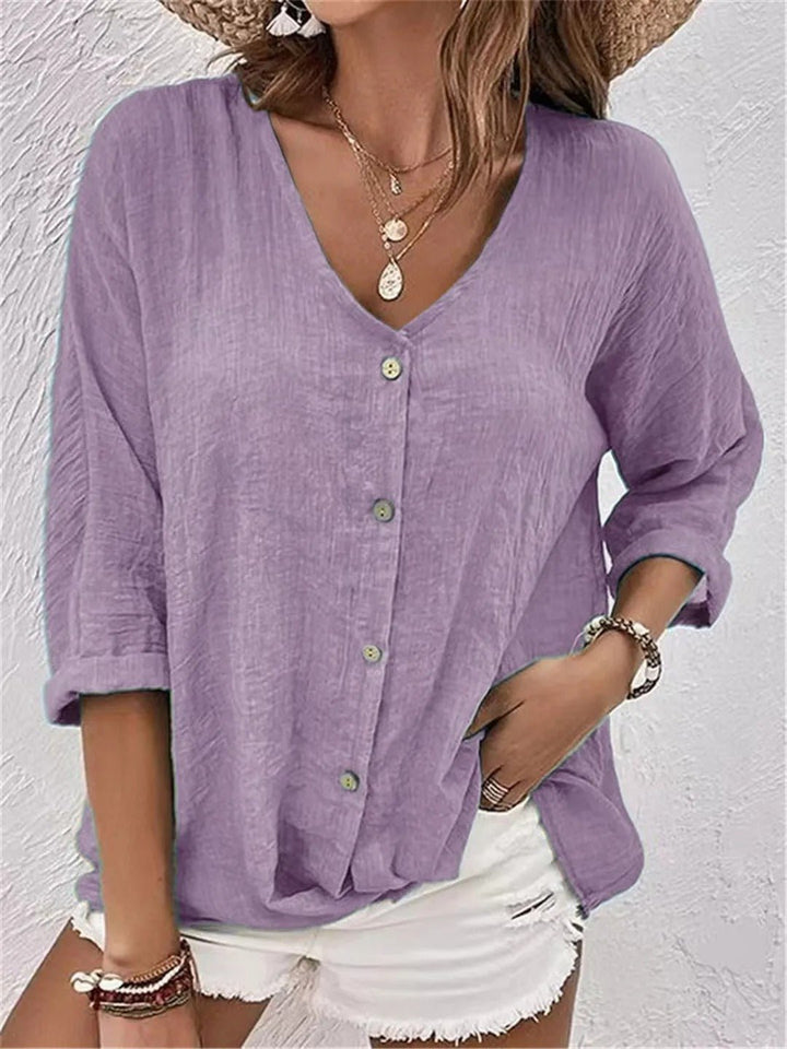 Willow | Cotton V-Neck Button-Front Top Crinkle Texture 3/4 Sleeve
