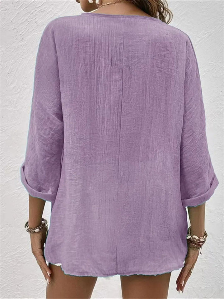 Willow | Cotton V-Neck Button-Front Top Crinkle Texture 3/4 Sleeve