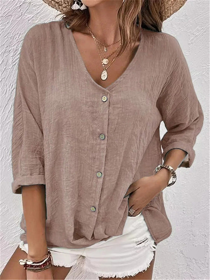 Willow | Cotton V-Neck Button-Front Top Crinkle Texture 3/4 Sleeve