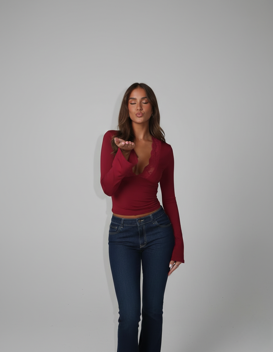 Arantxa | Women’s Long Sleeve Lace Trim V Neck Top
