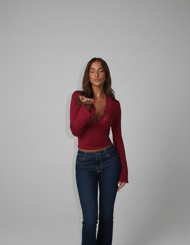 Arantxa | Women’s Long Sleeve Lace Trim V Neck Top