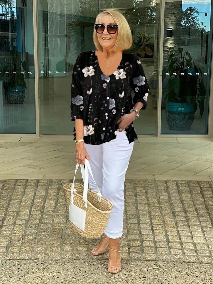 Mia | Plus Size Floral Blouse V-Neck Three Quarter Sleeve