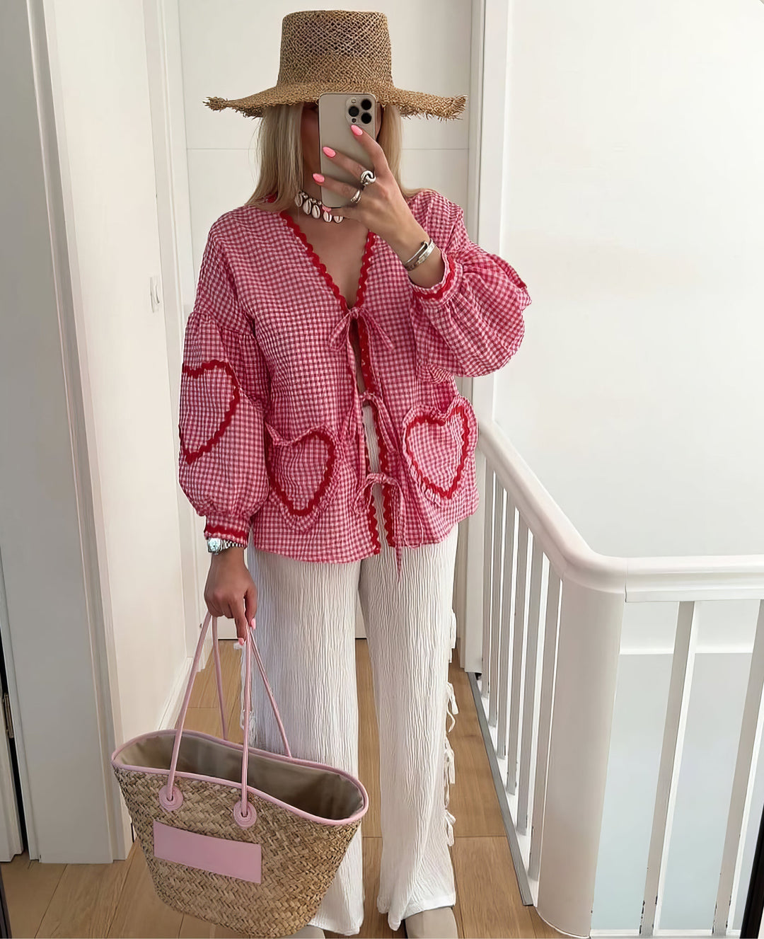 Cressida | Women’s Gingham Heart Print Tie Front Blouse