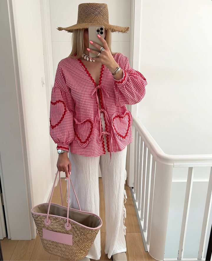 Cressida | Women’s Gingham Heart Print Tie Front Blouse
