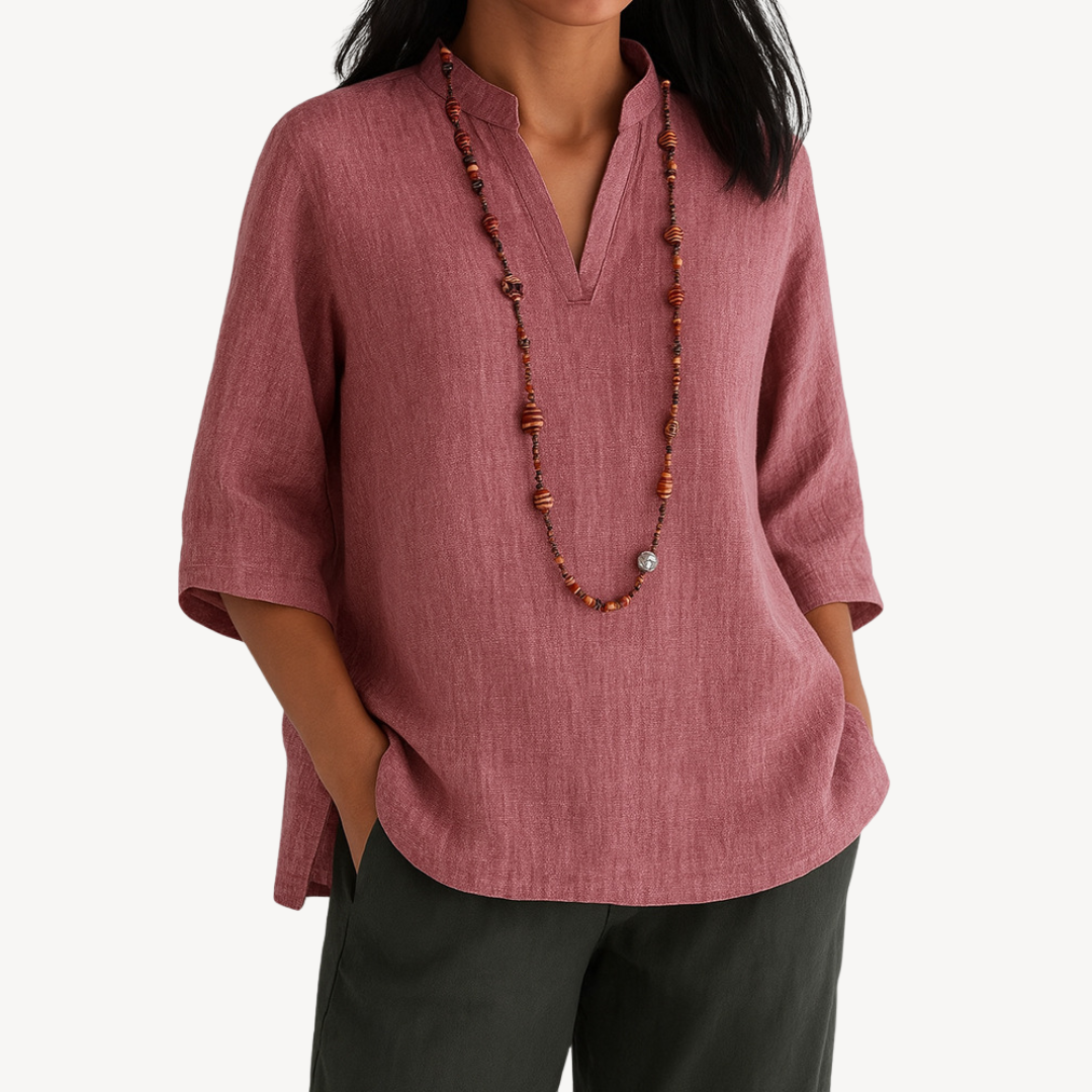 Yvaine | Women’s Linen 3/4 Sleeve V Neck Blouse