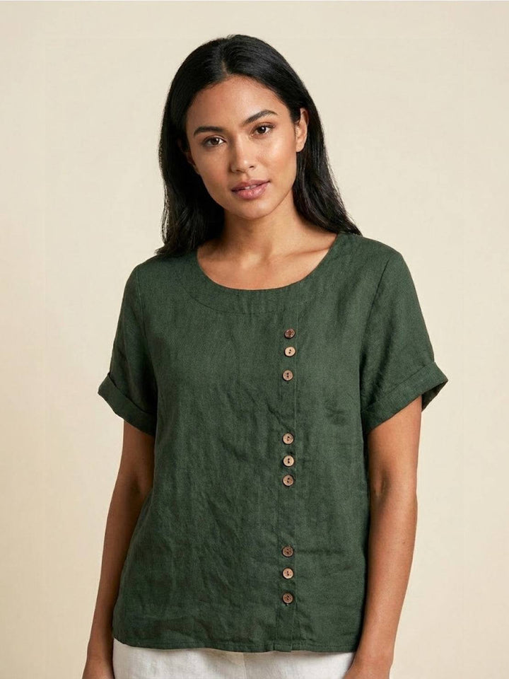 Eleanor | Women’s Linen Round Neck Button Blouse