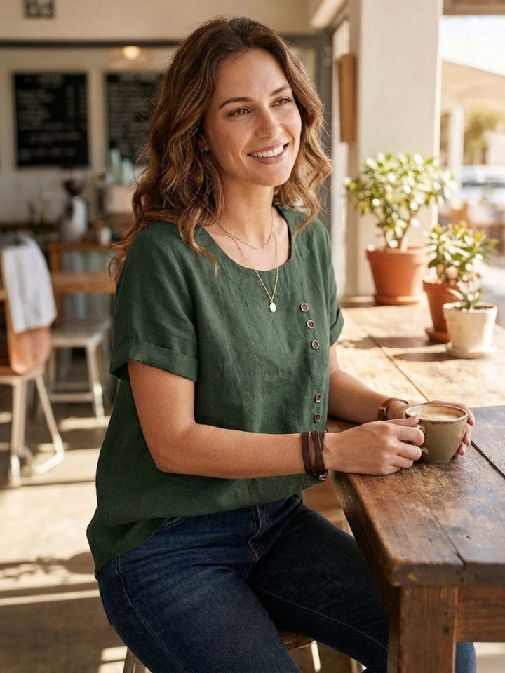 Eleanor | Women’s Linen Round Neck Button Blouse