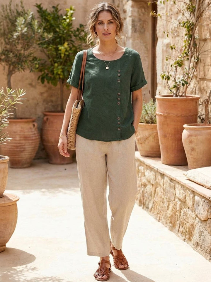 Eleanor | Women’s Linen Round Neck Button Blouse
