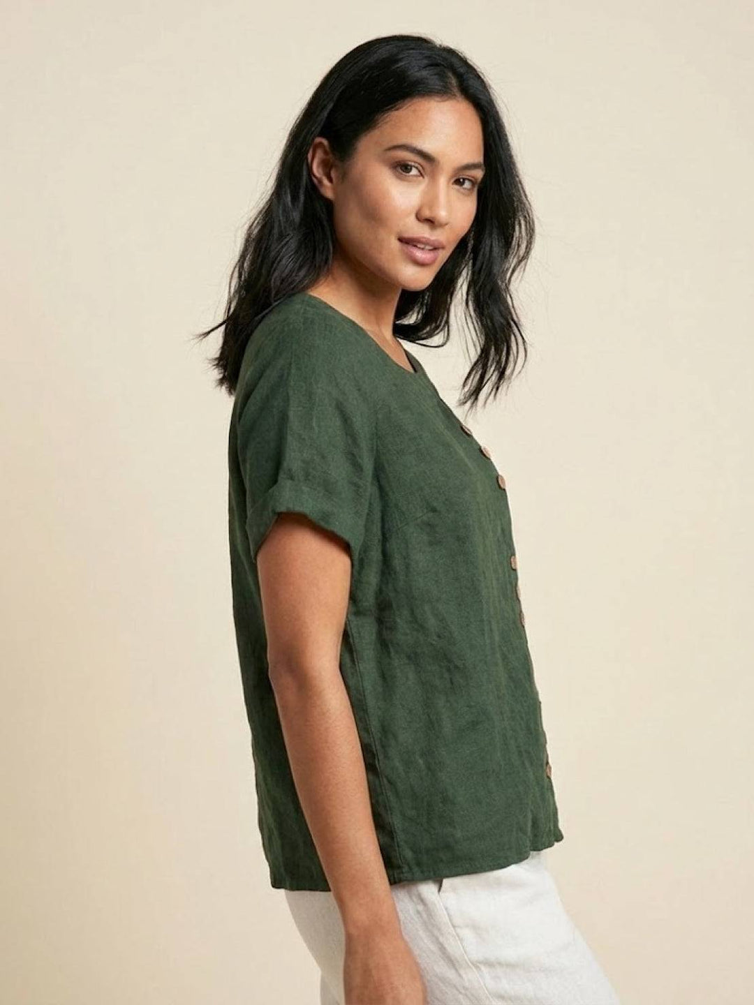 Eleanor | Women’s Linen Round Neck Button Blouse