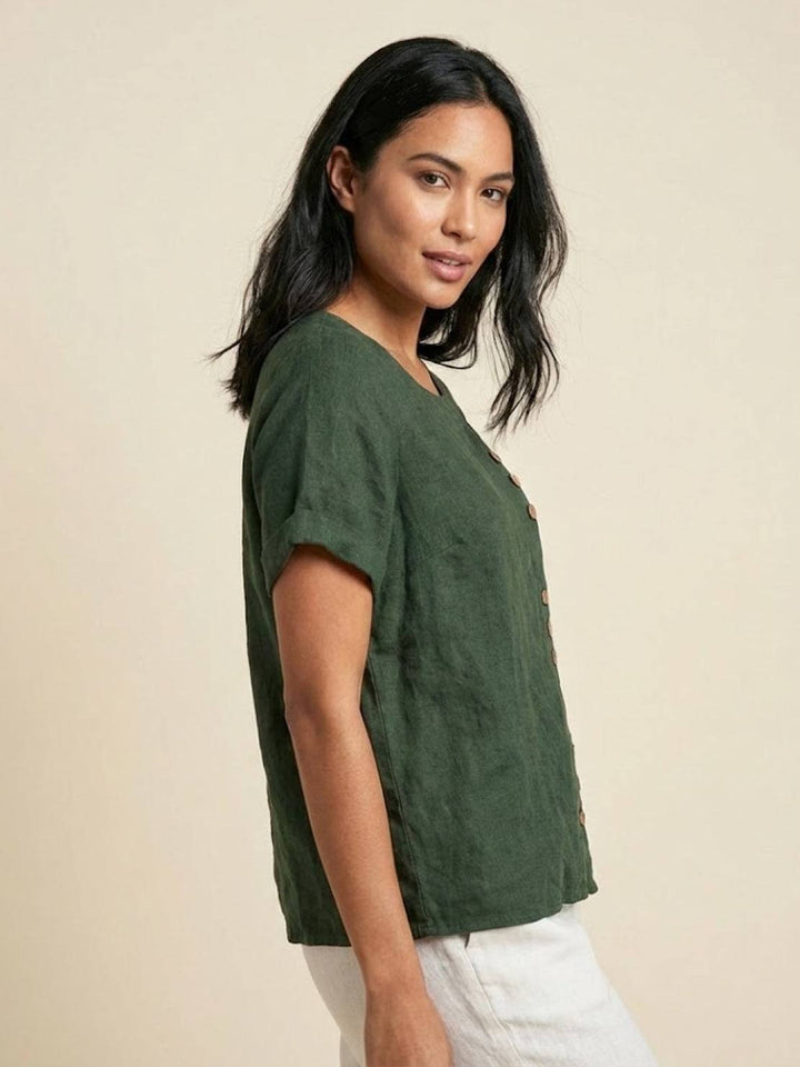 Eleanor | Women’s Linen Round Neck Button Blouse