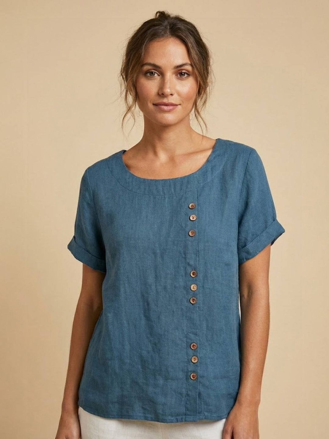 Eleanor | Women’s Linen Round Neck Button Blouse