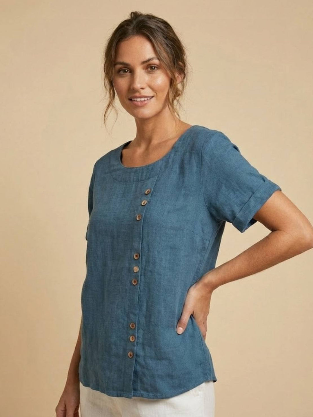 Eleanor | Women’s Linen Round Neck Button Blouse