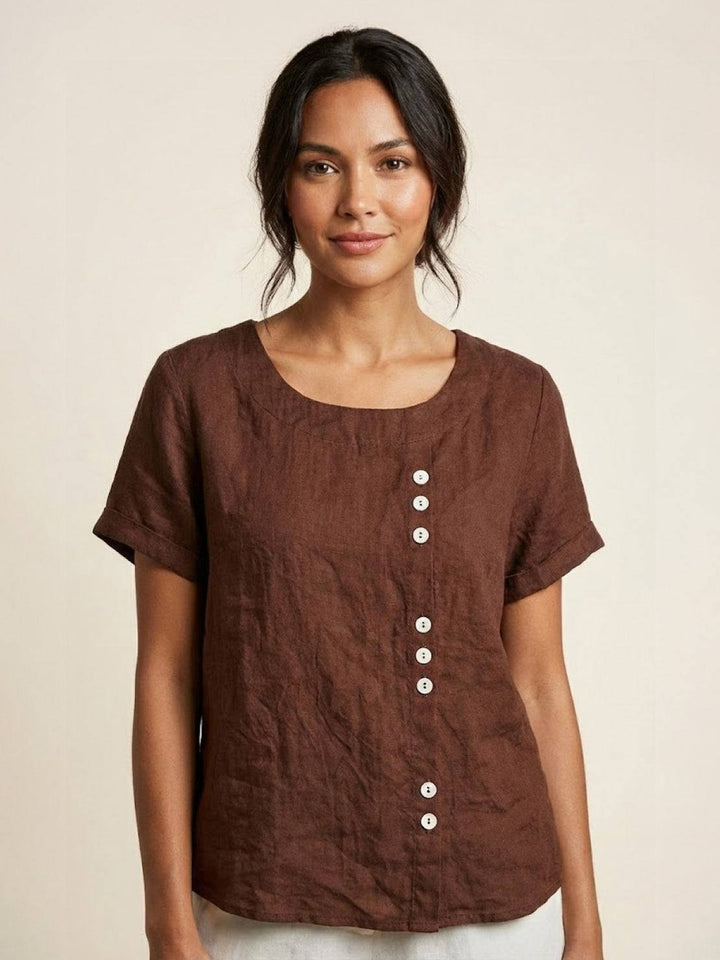 Eleanor | Women’s Linen Round Neck Button Blouse