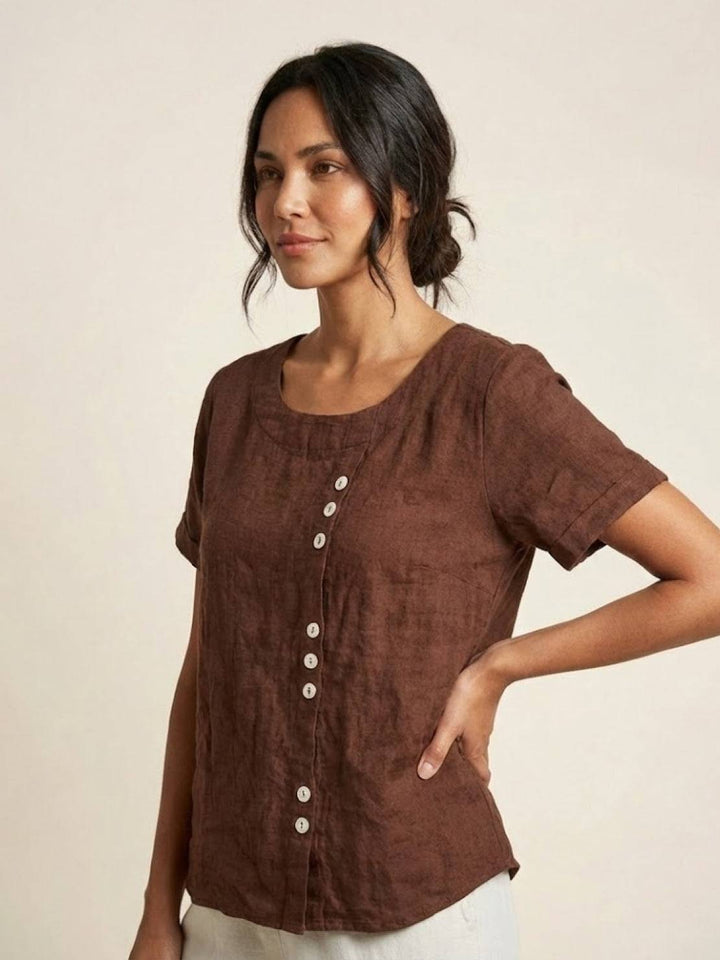 Eleanor | Women’s Linen Round Neck Button Blouse