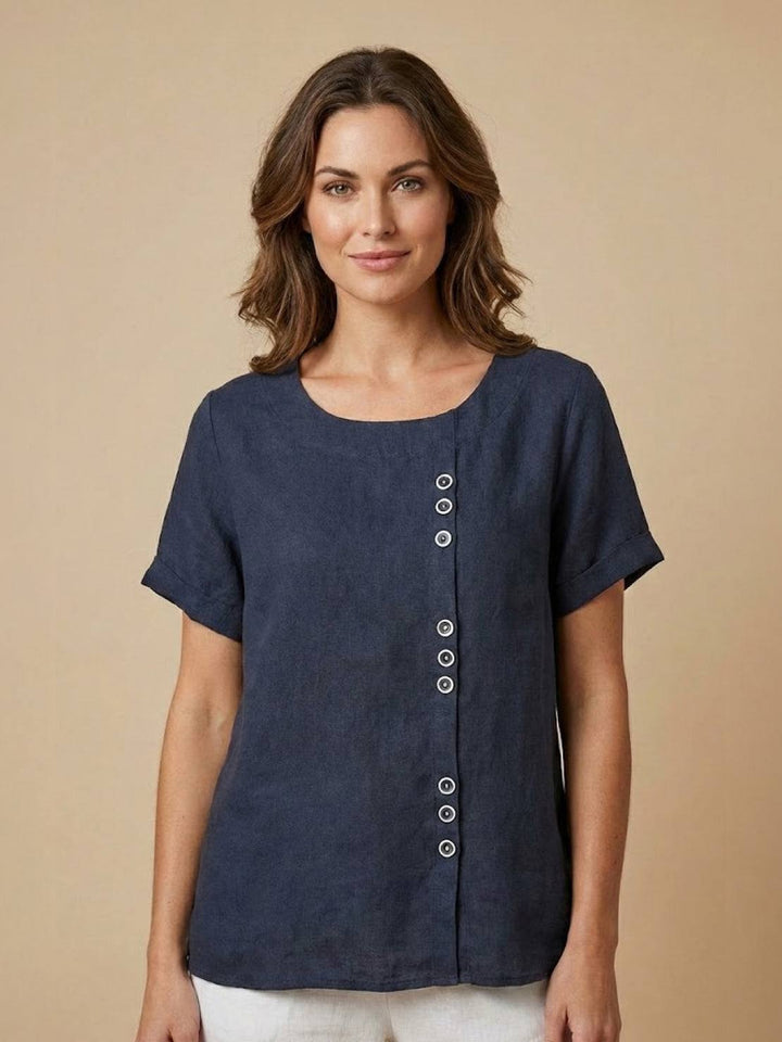 Eleanor | Women’s Linen Round Neck Button Blouse