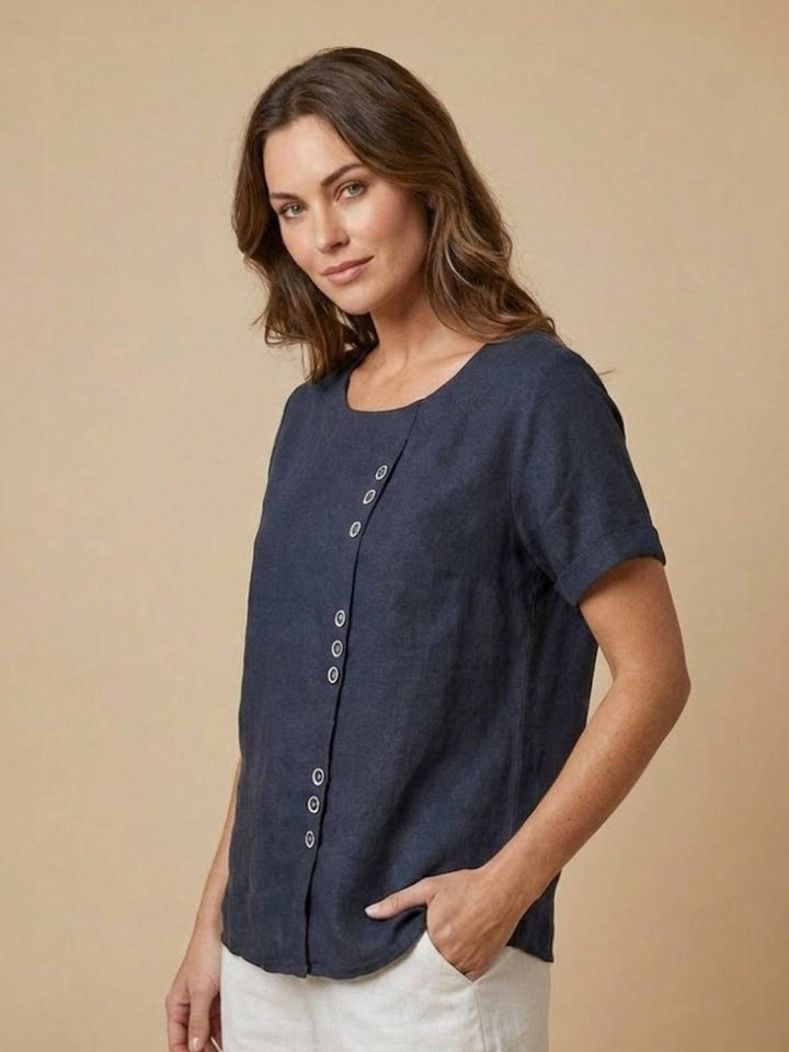 Eleanor | Women’s Linen Round Neck Button Blouse