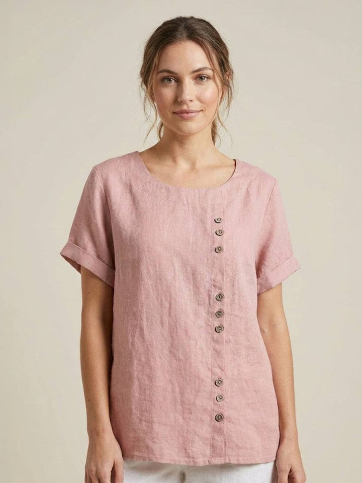 Eleanor | Women’s Linen Round Neck Button Blouse