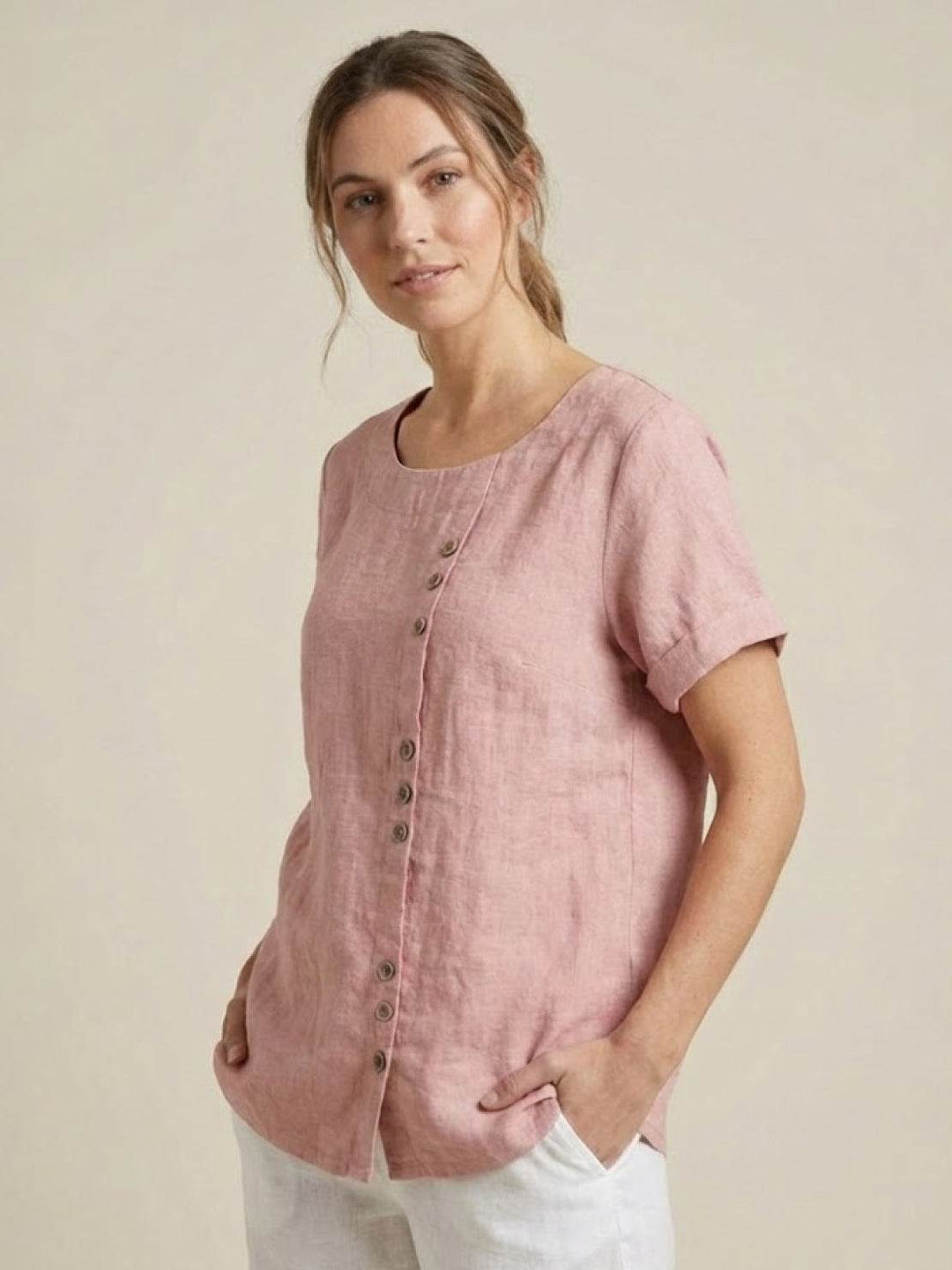 Eleanor | Women’s Linen Round Neck Button Blouse