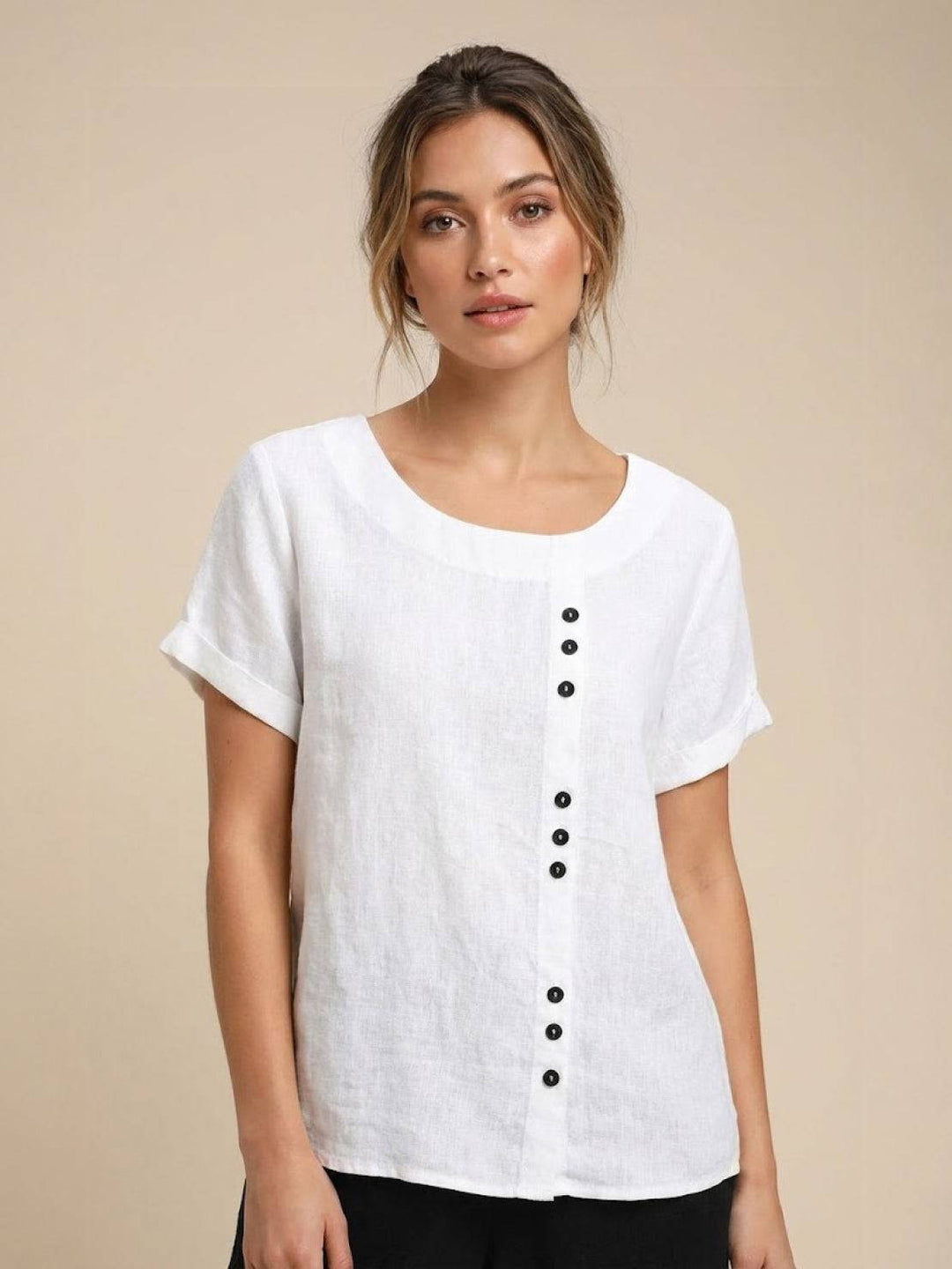 Eleanor | Women’s Linen Round Neck Button Blouse