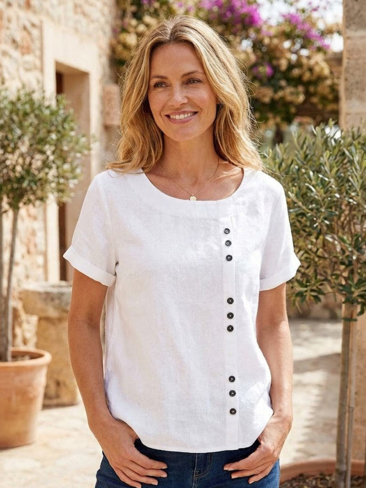 Eleanor | Women’s Linen Round Neck Button Blouse