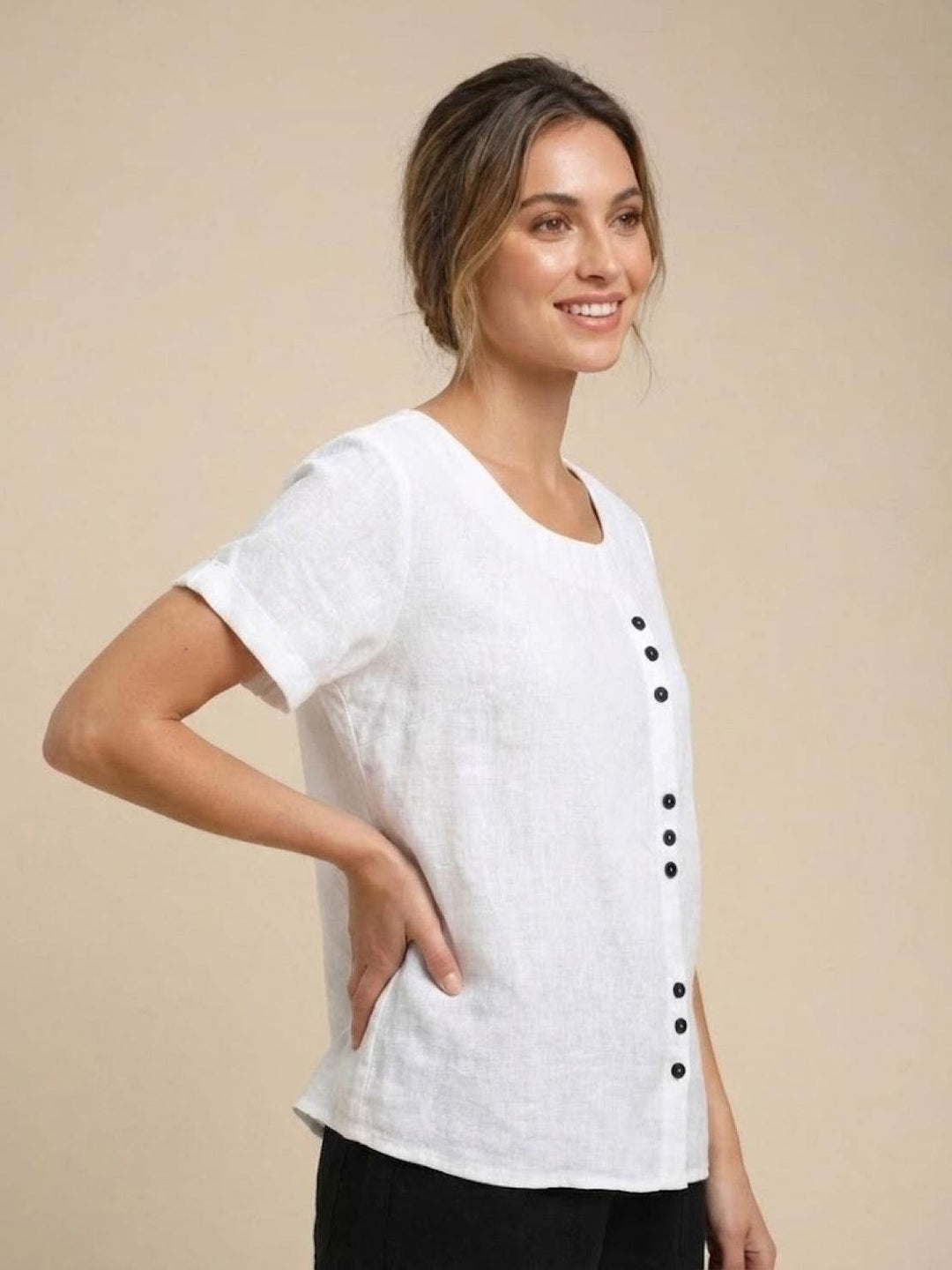 Eleanor | Women’s Linen Round Neck Button Blouse
