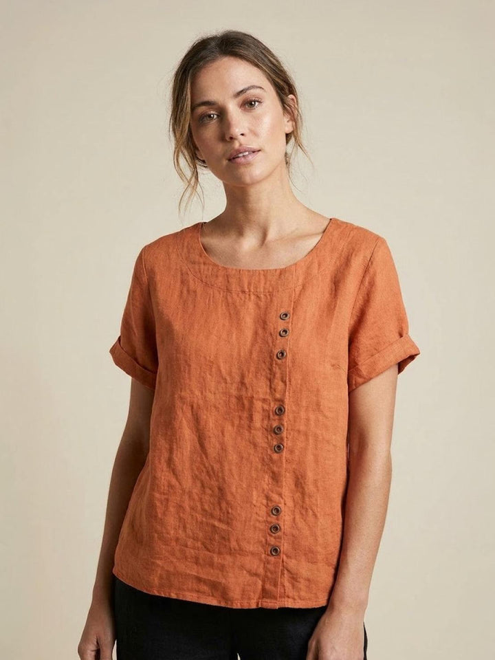 Eleanor | Women’s Linen Round Neck Button Blouse