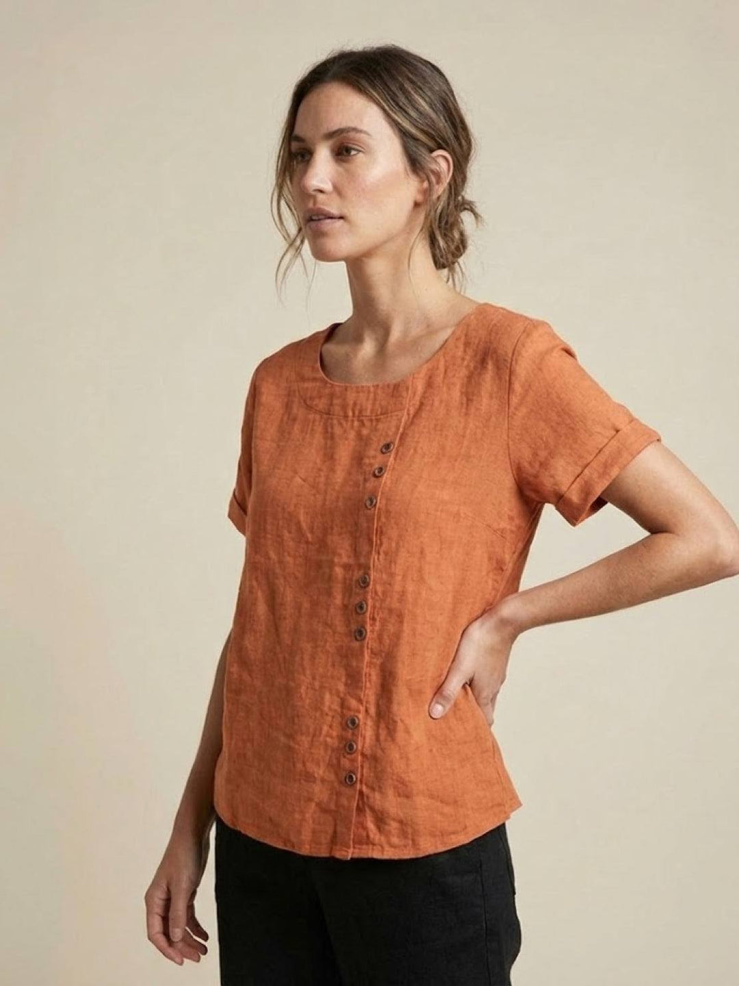 Eleanor | Women’s Linen Round Neck Button Blouse