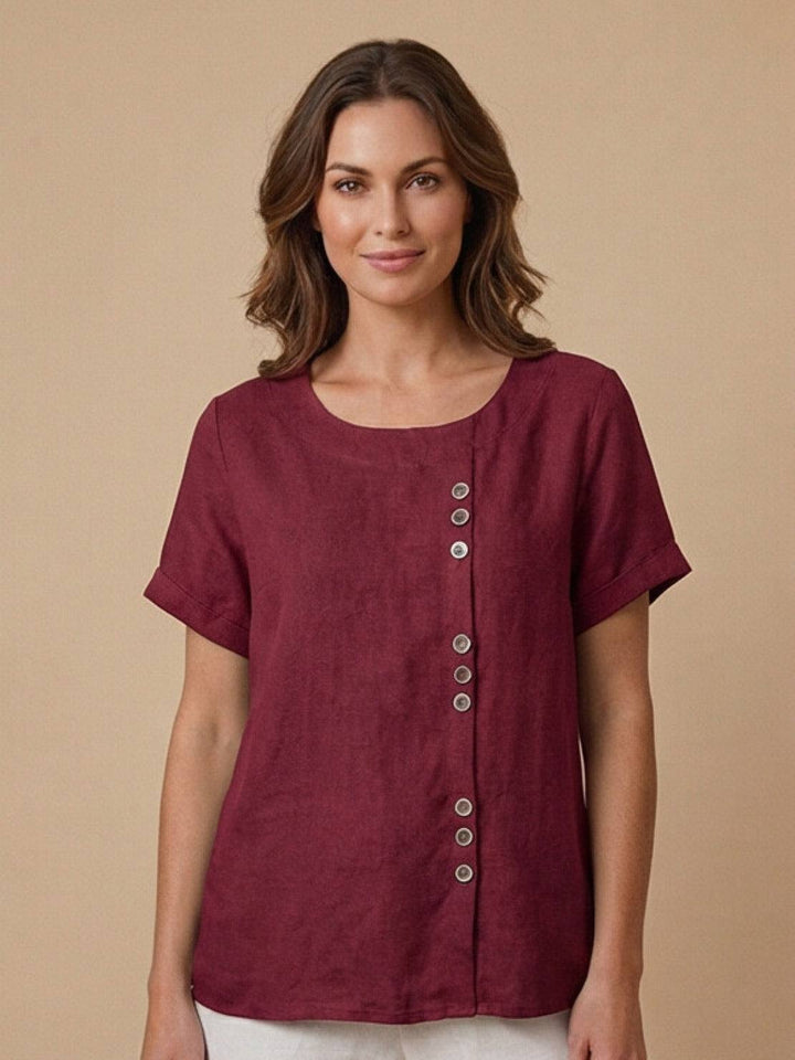 Eleanor | Women’s Linen Round Neck Button Blouse