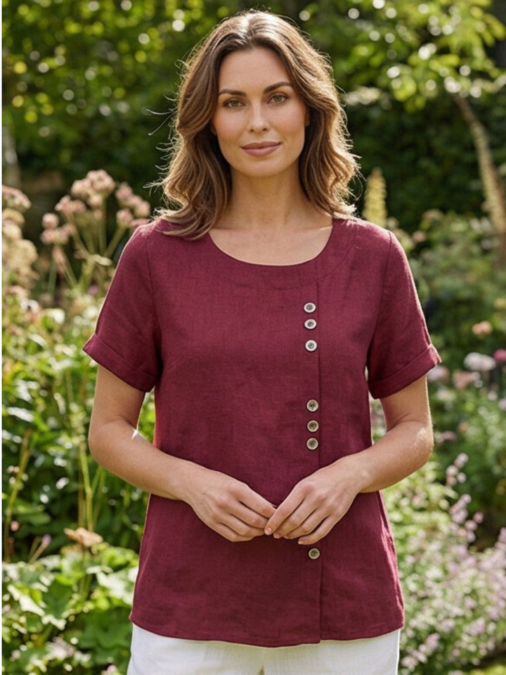 Eleanor | Women’s Linen Round Neck Button Blouse