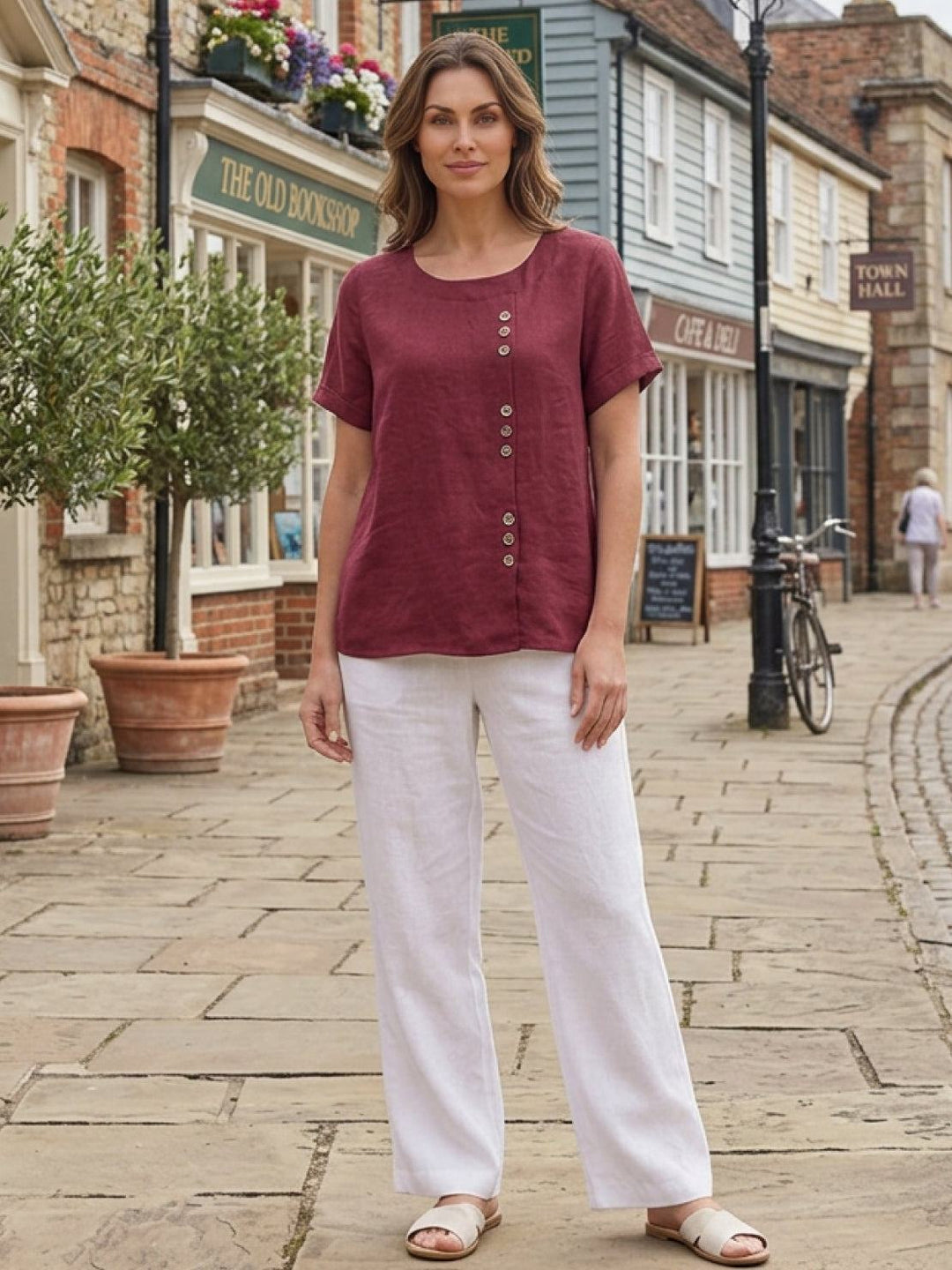 Eleanor | Women’s Linen Round Neck Button Blouse