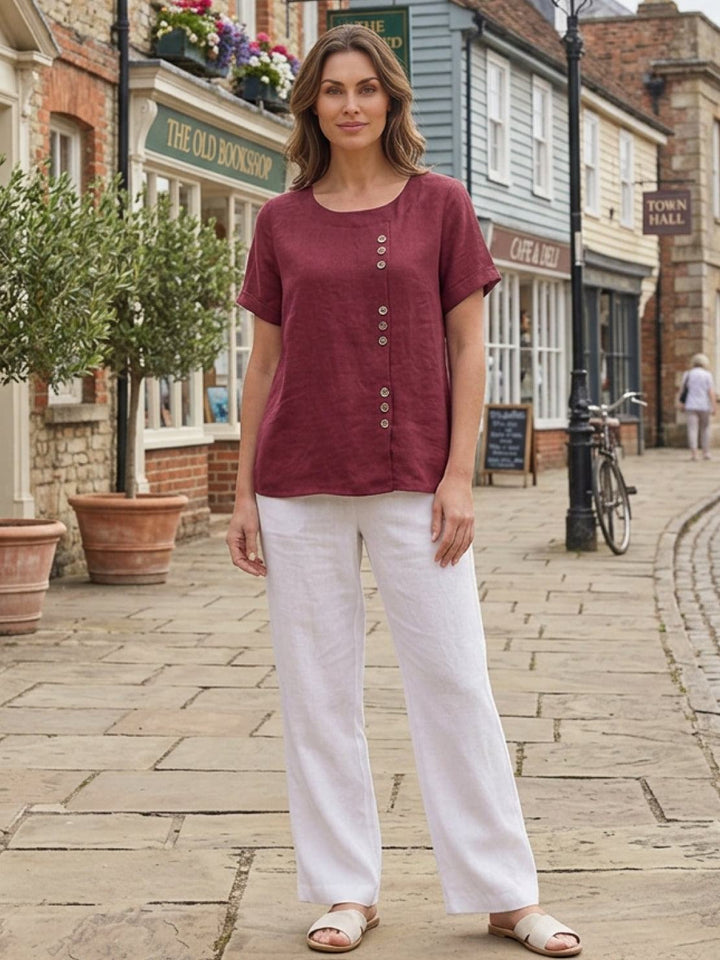 Eleanor | Women’s Linen Round Neck Button Blouse